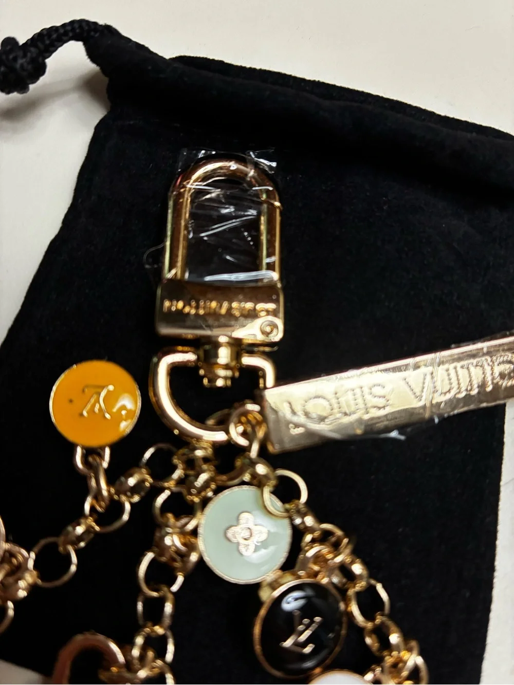 Louis Vuitton stamped Gold-Tone Multicolor Charm Keychain/ bag charmEnamel Discs